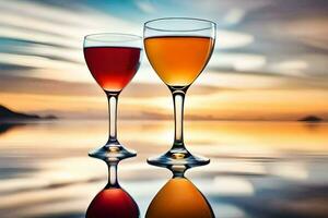 deux des lunettes de du vin sur le l'eau avec une le coucher du soleil dans le Contexte. généré par ai photo