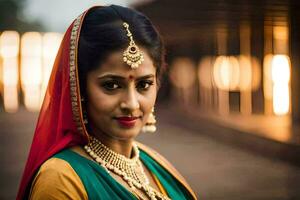 une magnifique Indien la mariée dans traditionnel tenue. généré par ai photo