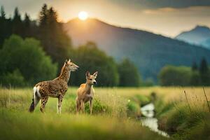 deux cerf supporter dans le herbe à le coucher du soleil. généré par ai photo