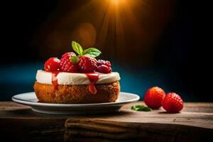 une dessert avec baies et crème sur une plaque. généré par ai photo