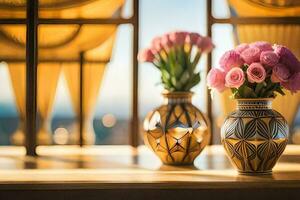 deux des vases avec rose fleurs séance sur une tableau. généré par ai photo