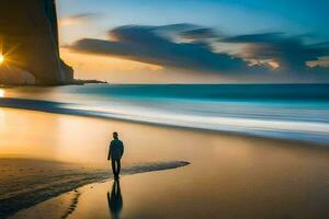 une homme permanent sur le plage à le coucher du soleil. généré par ai photo