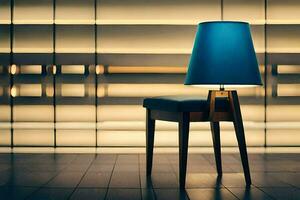 une bleu lampe est assis sur une en bois chaise. généré par ai photo