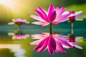 rose lotus fleurs dans le l'eau avec le Soleil brillant. généré par ai photo