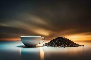 café tasse et café des haricots sur une tableau. généré par ai photo