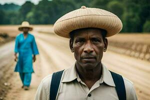 une homme portant une chapeau sur une saleté route. généré par ai photo