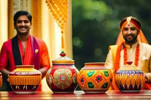 deux Hommes dans traditionnel Indien tenue sont en portant coloré marmites. généré par ai photo