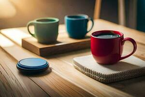 Trois café tasses asseoir sur une en bois tableau. généré par ai photo