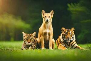 Trois chiens et une tigre séance sur le herbe. généré par ai photo