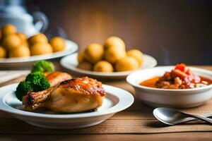 le nourriture est servi sur assiettes et boules. généré par ai photo