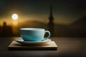 une tasse de café sur une en bois table avec une ville dans le Contexte. généré par ai photo