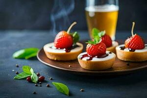 petit mini gâteaux au fromage avec des fraises et menthe feuilles. généré par ai photo