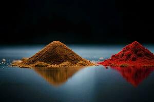 deux rouge et un marron poudre sur une noir surface. généré par ai photo