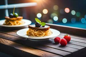 spaghetti avec une Cerise sur Haut et baies sur une plaque. généré par ai photo