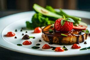 une assiette avec une dessert et des fraises. généré par ai photo