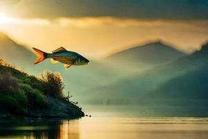 une poisson est en volant plus de une Lac à le coucher du soleil. généré par ai photo