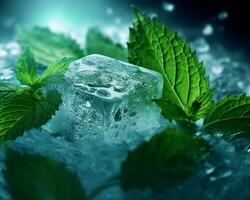 Frais menthe feuilles avec carré forme la glace cubes. Créatif la photographie de menthol des produits. ai généré photo