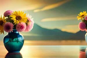 deux des vases avec fleurs sur une Lac avec montagnes dans le Contexte. généré par ai photo