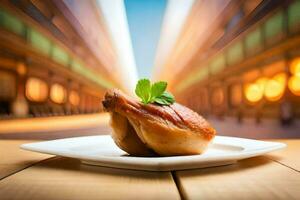 une poulet sur une assiette avec une vert feuille. généré par ai photo