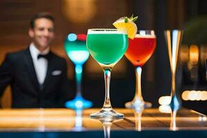 une barman derrière une bar avec Trois différent coloré boissons. généré par ai photo