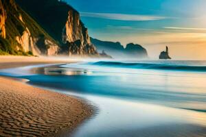 le Soleil monte plus de le océan et vagues à le plage. généré par ai photo