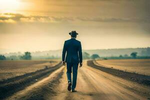 une homme dans une costume et chapeau des promenades vers le bas une saleté route. généré par ai photo