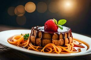 une dessert avec Chocolat sauce et des fraises sur une plaque. généré par ai photo