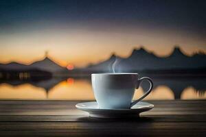 une tasse de café sur une en bois table avec une vue de montagnes. généré par ai photo