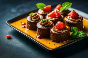 Chocolat desserts sur une plaque. généré par ai photo