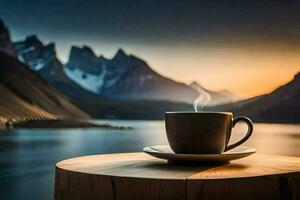 le tasse de café, lac, montagnes, lever du soleil, lever du soleil, le tasse de café, le. généré par ai photo