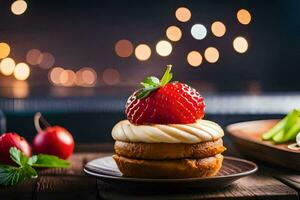 une fraise sur Haut de une gâteau avec une verre de lait. généré par ai photo