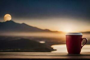 café tasse sur une table avec montagnes dans le Contexte. généré par ai photo