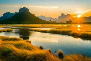 le Soleil monte plus de le montagnes dans le Contexte. généré par ai photo