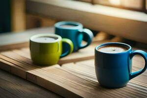 Trois café tasses sur une en bois tableau. généré par ai photo