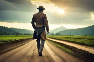 une homme dans une chapeau et manteau en marchant vers le bas une saleté route. généré par ai photo