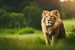 une Lion en marchant par une herbeux champ. généré par ai photo