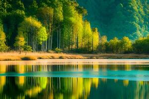 une Lac entouré par des arbres et montagnes. généré par ai photo