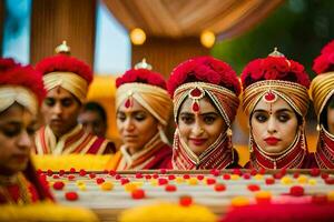 Indien mariage la cérémonie avec la mariée et jeune marié dans traditionnel tenue. généré par ai photo