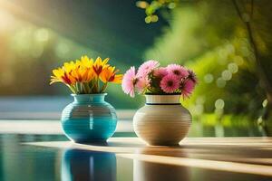 deux des vases avec fleurs séance sur une tableau. généré par ai photo