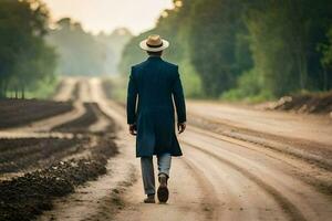 une homme dans une chapeau et costume des promenades vers le bas une saleté route. généré par ai photo