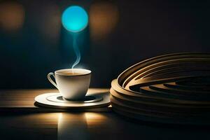 une tasse de café sur une en bois table avec une bleu lumière. généré par ai photo