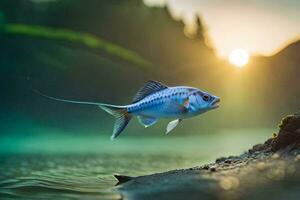 une poisson est sauter en dehors de le l'eau à le coucher du soleil. généré par ai photo