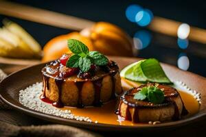 deux desserts sur une assiette avec citron vert tranches. généré par ai photo