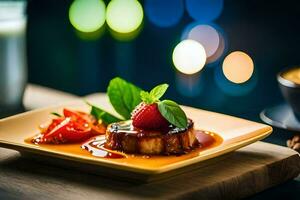 une assiette avec une dessert et une tasse de café. généré par ai photo