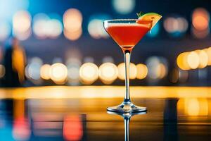 une cocktail sur une bar compteur avec flou lumières. généré par ai photo