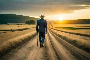 une homme dans une costume des promenades vers le bas une saleté route à le coucher du soleil. généré par ai photo
