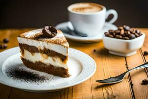 une tranche de gâteau avec café des haricots et une cuillère. généré par ai photo