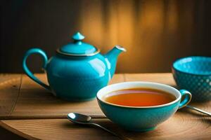 une théière et une tasse de thé. généré par ai photo