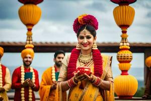 une magnifique la mariée dans Jaune et rouge est en portant une rouge et or anneau. généré par ai photo