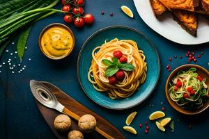 spaghetti avec légumes, pain et sauce sur bleu tableau. généré par ai photo